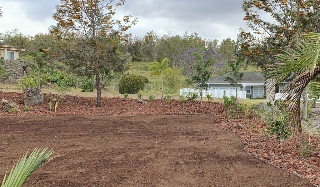 Photo of a professionally installed flowerbed in Kona. Landscape project includes Hawaii lava rock, flower bed edging, and shrubs.