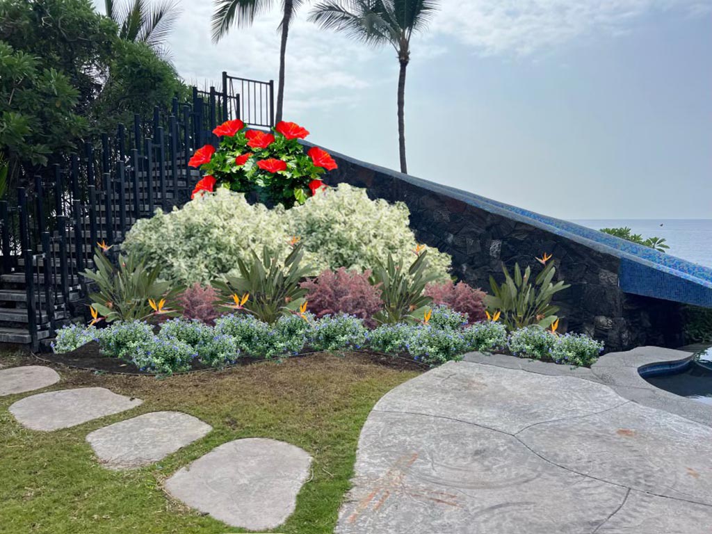 A computer-generated rendering of the landscape design shows what the lava rock pool slide will look like once the plants mature.