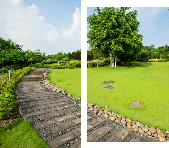 Image of a Kailua-Kona landscape with lava rock walls, palm trees, a pool, and turf. Hawaii landscaping companies help design, install, and maintain outdoor spaces such as the one shown in this image.