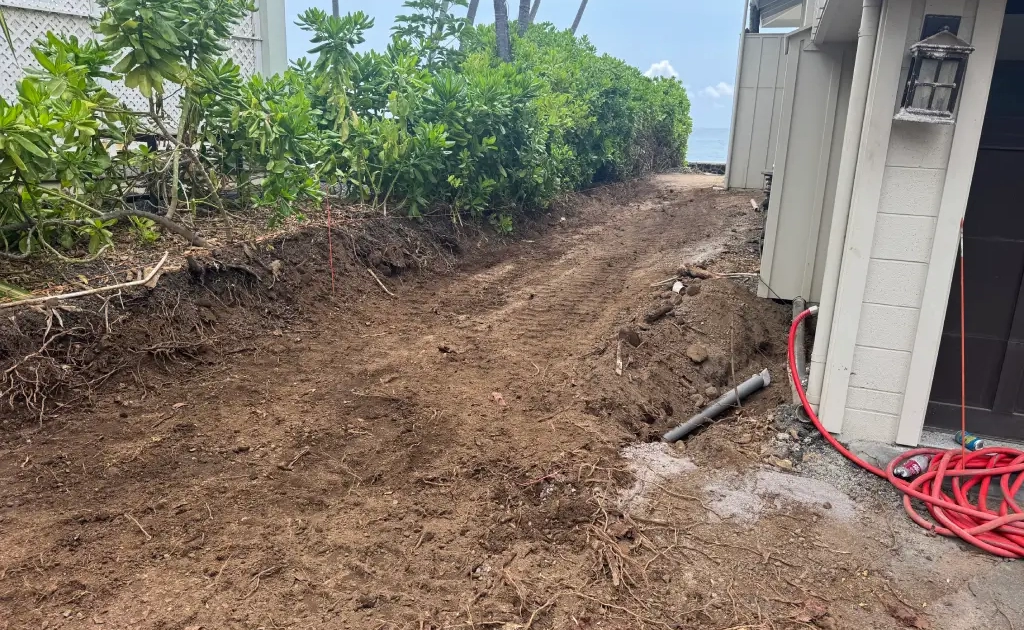 pathway-landscaping-before Graded dirt corridor between the ohana house and hedge line before pathway installation, Kailua-Kona.