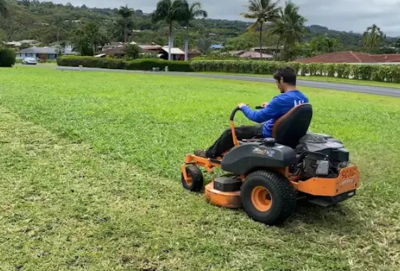 summer-lawn-care-myths-and-tips Kona landscaper on a zero-turn mower cutting neat stripes across a large Big Island lawn, showing proper summer mowing practices and lawn care in Hawaii.