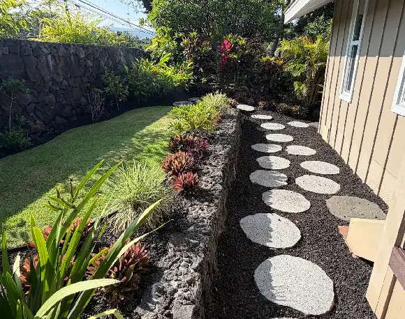 kona-drought-tolerant-plants Garden walkway constructed with circular stone pavers set in black volcanic gravel next to a residential lawn built by Aina-Landscaping.
