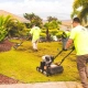 Three Aina Landscaping crewmembers in yellow shirts using a turf machine and rakes on a yard for dry season landscape and lawn care in Kona.