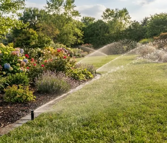sprinkler-system-basics Multiple pop-up sprinklers irrigating a green lawn and adjacent plant beds during the day, a common lawn care practice on the Big Island of Hawaii.