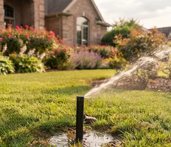 sprinkler-system-troubleshooting Single active sprinkler nozzle distributing water across a grass yard and garden beds instead of driveway to ensure adequate moisture for Kona landscaping needs.